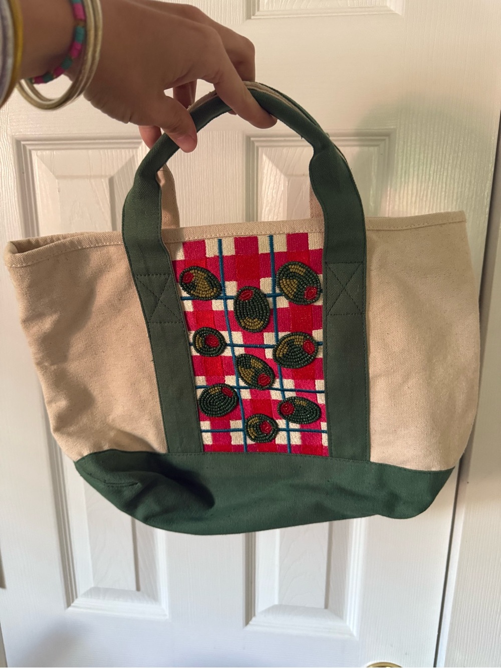 Canvas Tote Bag with Green Trim, Red Plaid Accent & Beaded Olives